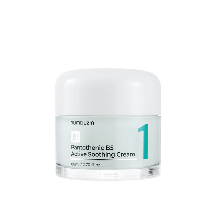 Numbuzin No.1 Pantothenic B5 Active Soothing Cream 80 ml v svetlo zeleni posodi z belim pokrovom in jasno natisnjeno številko 1 na sprednji strani.