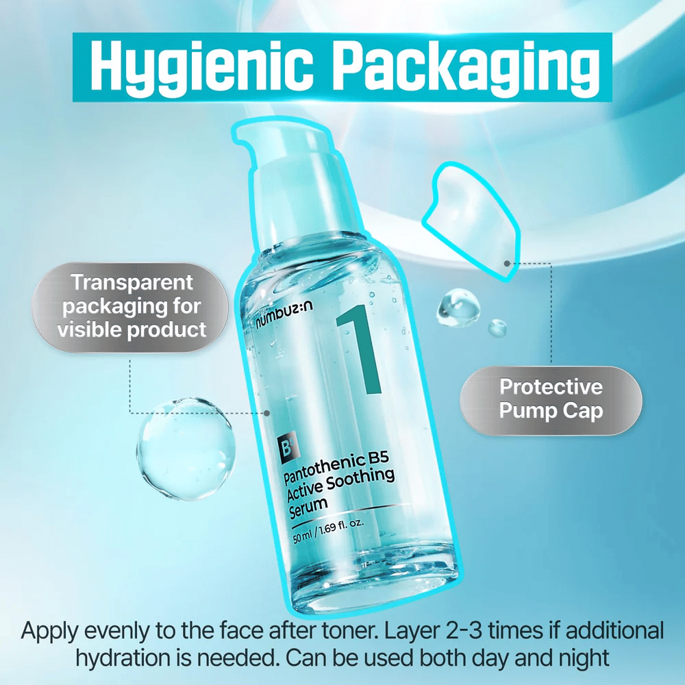 numbuzin No.1 Pantothenic B5 Active Soothing Serum 50 ml – pomirjujoči B5-serum s higiensko črpalko in prozorno stekleničko za kožo nagnjeno k aknam