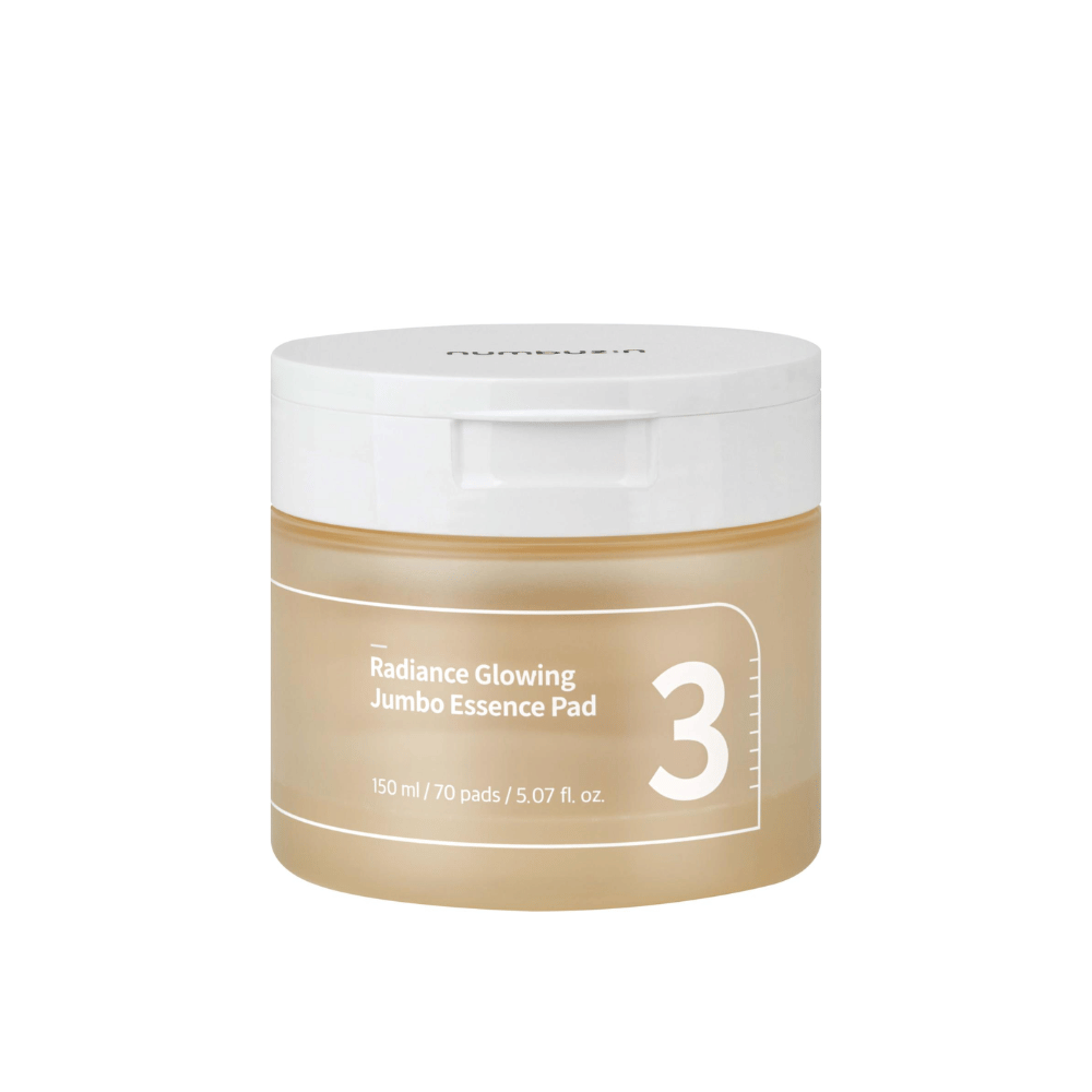 Slika izdelka zaprtega kozarca z numbuzin No. 3 Radiance Glowing Jumbo Essence Pad, 150 ml / 70 blazinic.