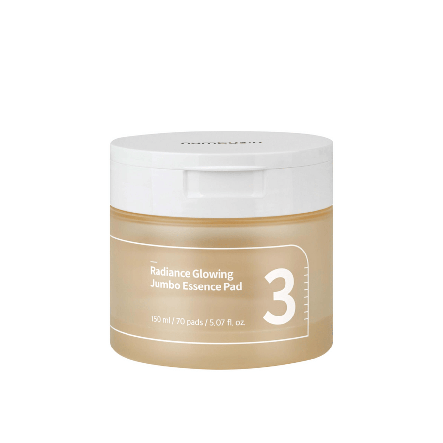 Slika izdelka zaprtega kozarca z numbuzin No. 3 Radiance Glowing Jumbo Essence Pad, 150 ml / 70 blazinic.