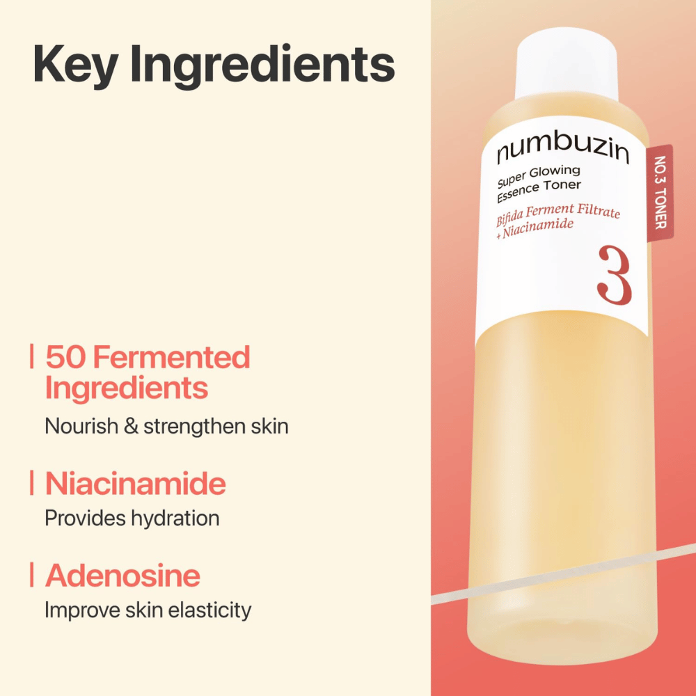 Numbuzin No.3 Toner vsebuje 50 fermentiranih sestavin, niacinamid in adenosin, ki krepijo in vlažijo kožo.