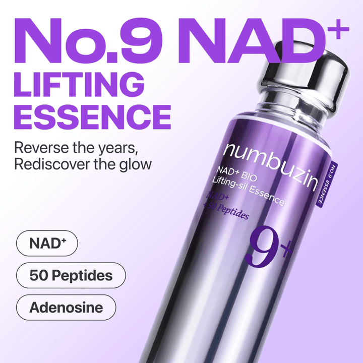 Numbuzin No.9 NAD+ Lifting Essence – močna esenca z NAD+, peptidi in adenozinom, ki obnavlja sijaj in čvrstost kože.