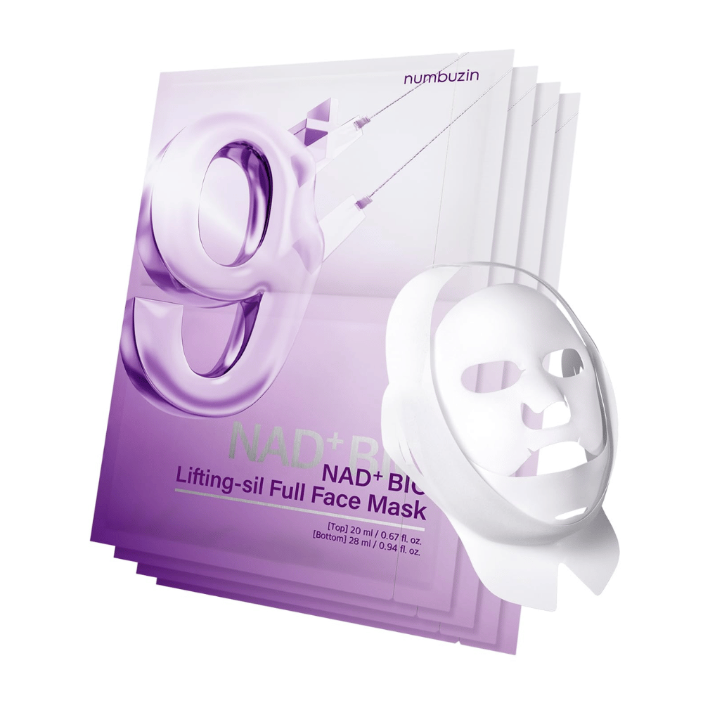 Embalaža z obraznimi maskami iz No.9 NAD Bio Lifting-sil, vključno s celotno obrazno masko iz prozornega materiala in embalažo, ki prikazuje uporabo izdelka za lifting obraza.