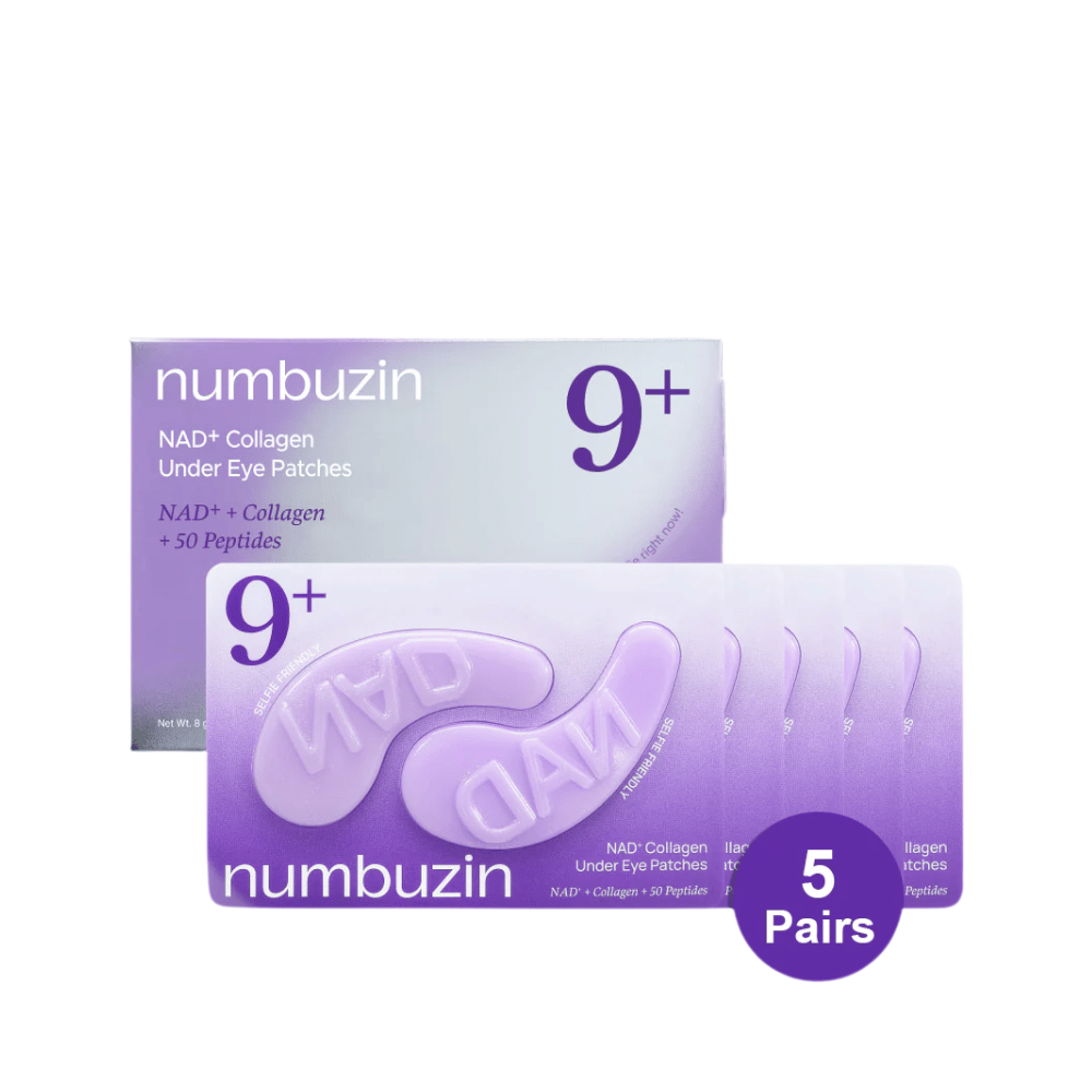 Embalaža numbuzen No.9 NAD+ Collagen Under Eye Patches – 5 parov blazinic, bogatih s kolagenom, z NAD+ in peptidi.