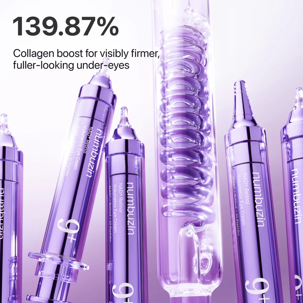 Ilustracija, ki prikazuje povečanje kolagena iz No.9 NAD+ Retinol Volumetox Eye Cream, zasnovana za čvrstejšo in bolj polno kožo pod očmi z vidnimi rezultati.