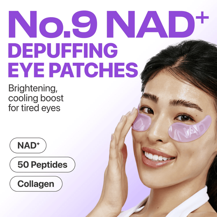 Ženska z numbuzen No.9 NAD+ Collagen Eye Patches pod očmi – hladilni in učvrstitveni učinek za utrujene oči.
