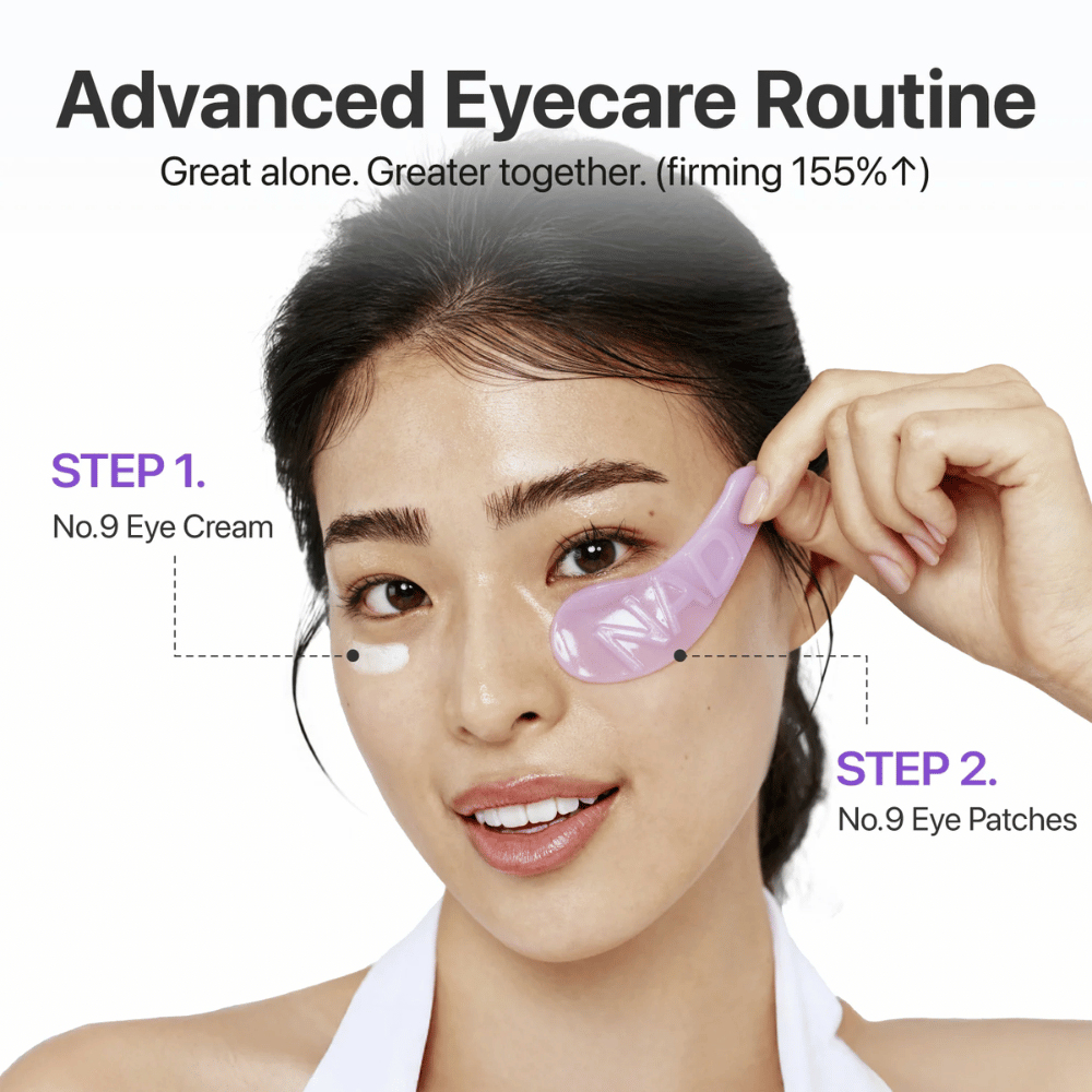 Nanos numbuzen No.9 NAD+ Collagen Eye Patch korak za korakom v rutini nege oči za bolj čvrsto in svežo kožo.