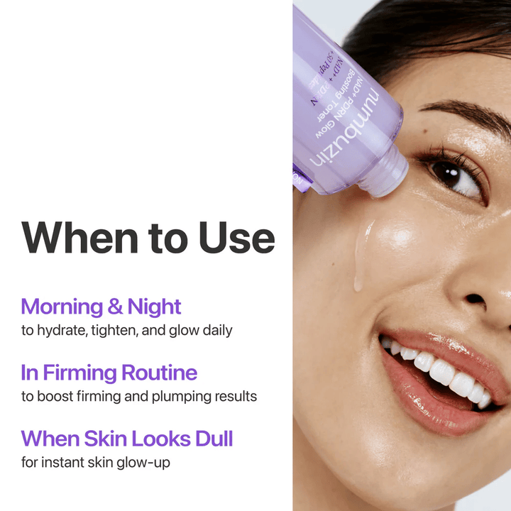 Ženska nanaša Numbuzin No.9 Toner na lice. Besedilo: „Kdaj uporabiti – Zjutraj in zvečer, v čvrstilni rutini, ko koža izgleda pusta.“