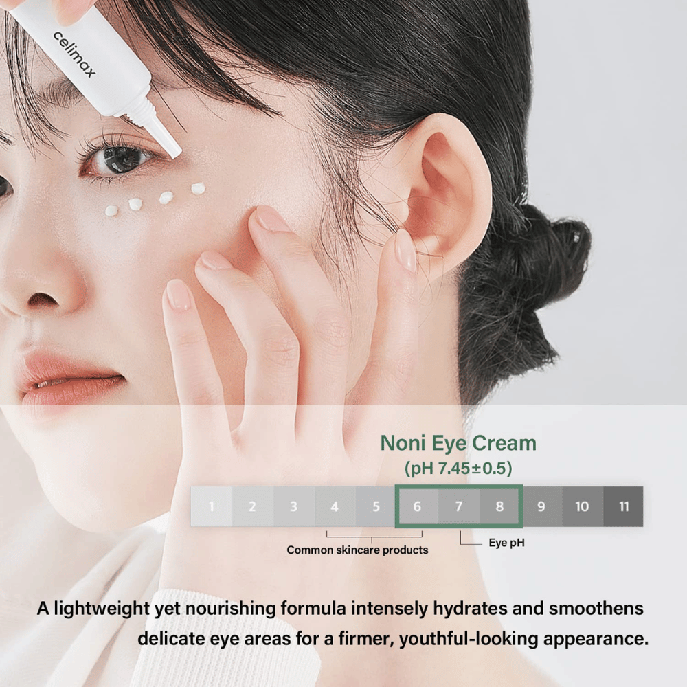 Ženska nanaša Noni Eye Cream pod oči. Izdelek je pakiran v beli tubi in se nanese kot majhne pikice okoli področja oči. Besedilo pod sliko opisuje, da je krema lahka, a hranilna, intenzivira vlaženje kože in daje bolj čvrst, mladosten videz. pH-vrednost izdelka (7,45±0,5) je prav tako prikazana.