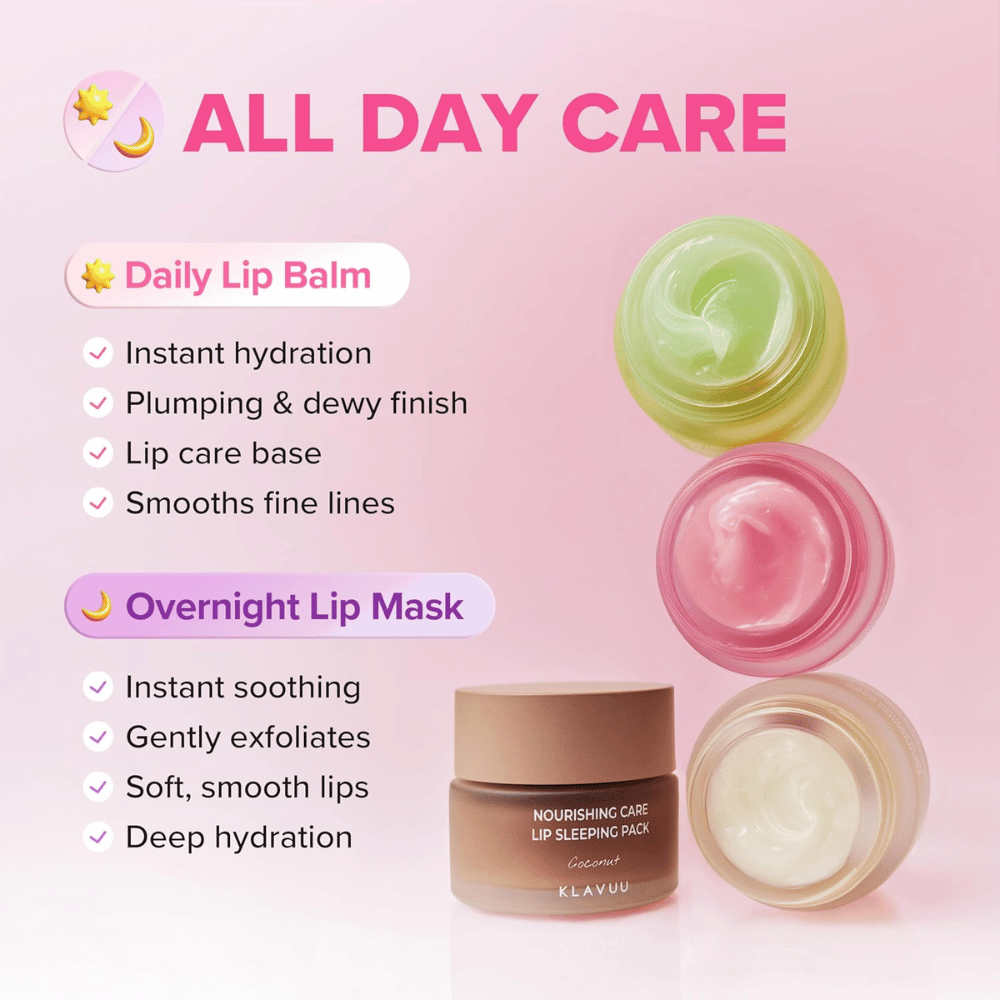 KLAVUU Nourishing Care Lip Sleeping Pack Coconut se lahko uporablja kot balzam za ustnice podnevi ali kot intenzivna maska za ustnice čez noč za mehke ustnice.
