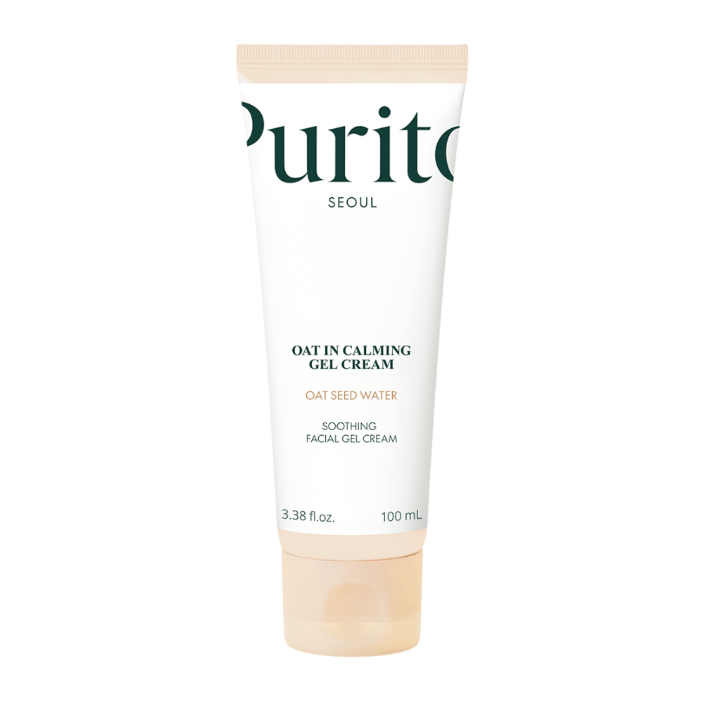 Slika izdelka Purito Oat-In Calming Gel Cream 100 ml. Pomirjujoča obrazna gel krema z ovseno vodo, ki pomirja in vlaži kožo.