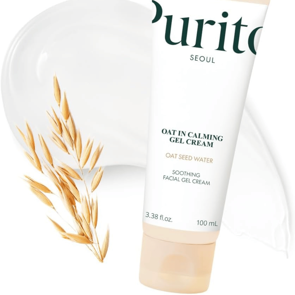 Purito Oat-In Calming Gel Cream z ovsom in kremasto strukturo. Vlažilna gel krema z Oat Seed Water za mehko, uravnoteženo kožo.