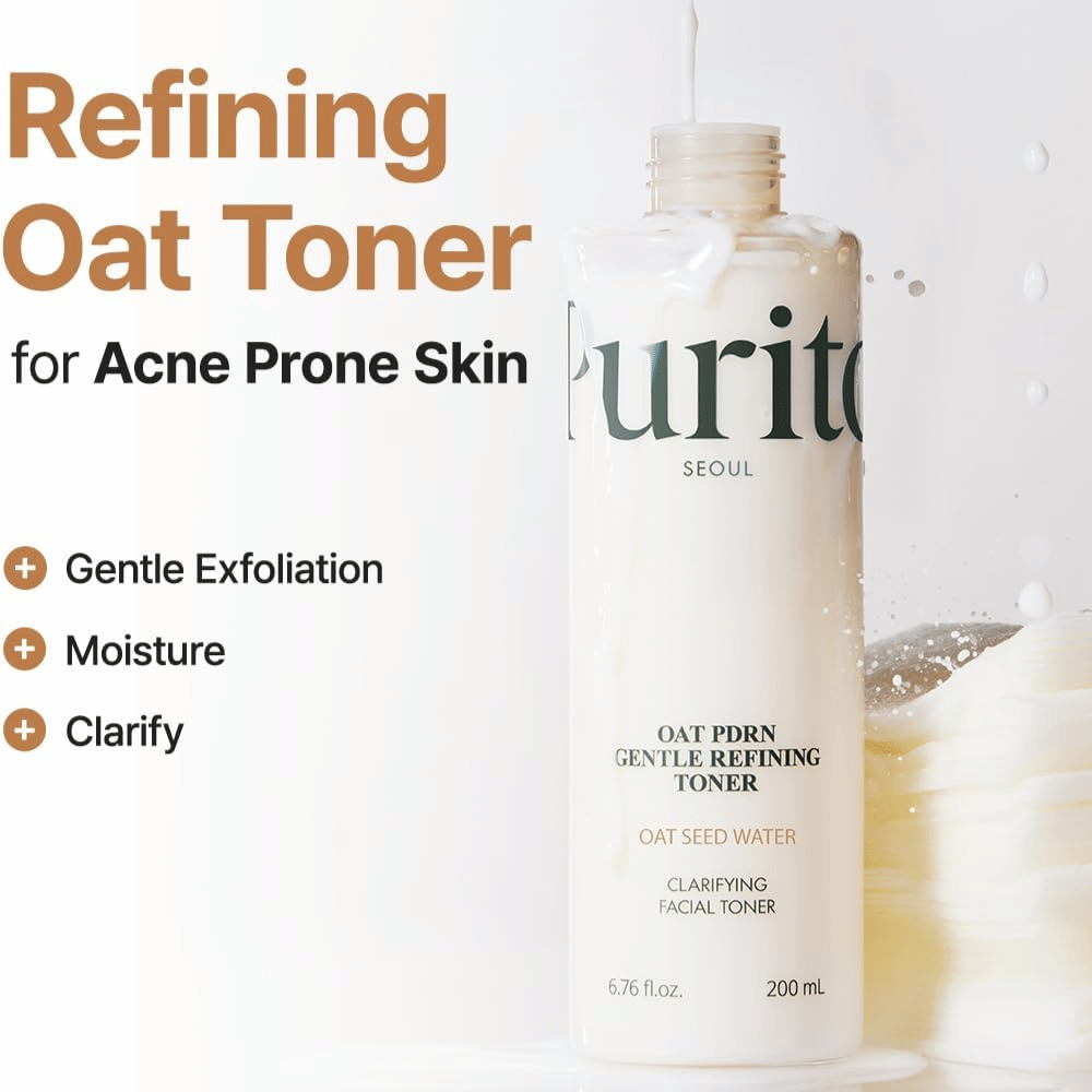Purito Oat PDRN Gentle Refining Toner 200 ml – blago eksfoliacijsko tonik za obraz, ki vlaži, pojasnjuje in uravnava kožo, nagnjeno k aknam