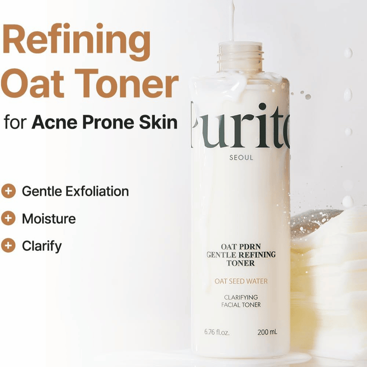 Purito Oat PDRN Gentle Refining Toner 200 ml – blago eksfoliacijsko tonik za obraz, ki vlaži, pojasnjuje in uravnava kožo, nagnjeno k aknam