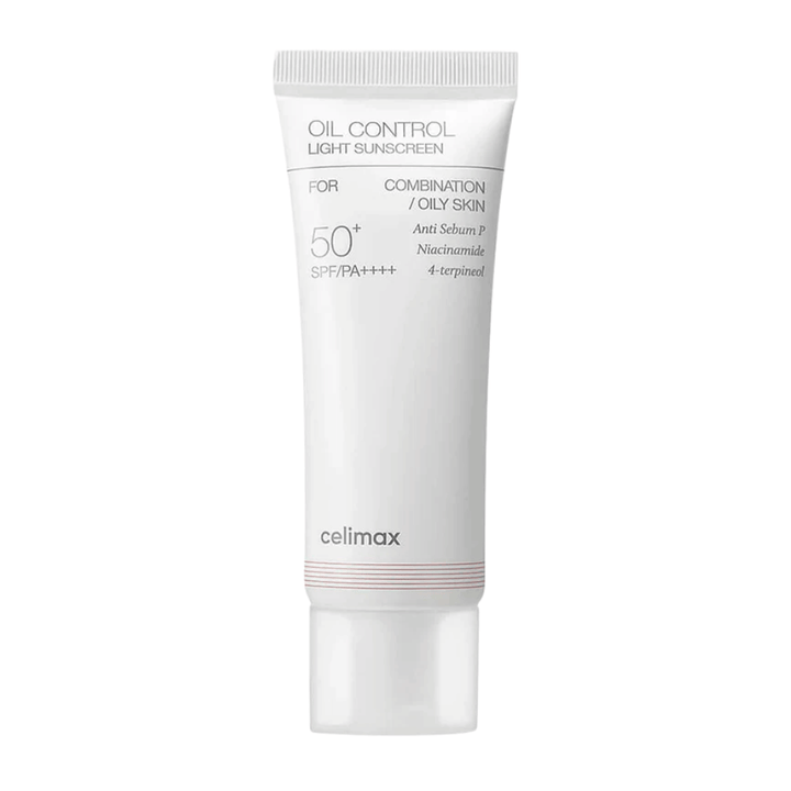 Celimax Oil Control Light Sunscreen SPF 50+ PA++++ slika izdelka s poudarkom na formuli in sestavinah, kot je niacinamid, za nadzor sebuma in bolj enakomeren ten kože