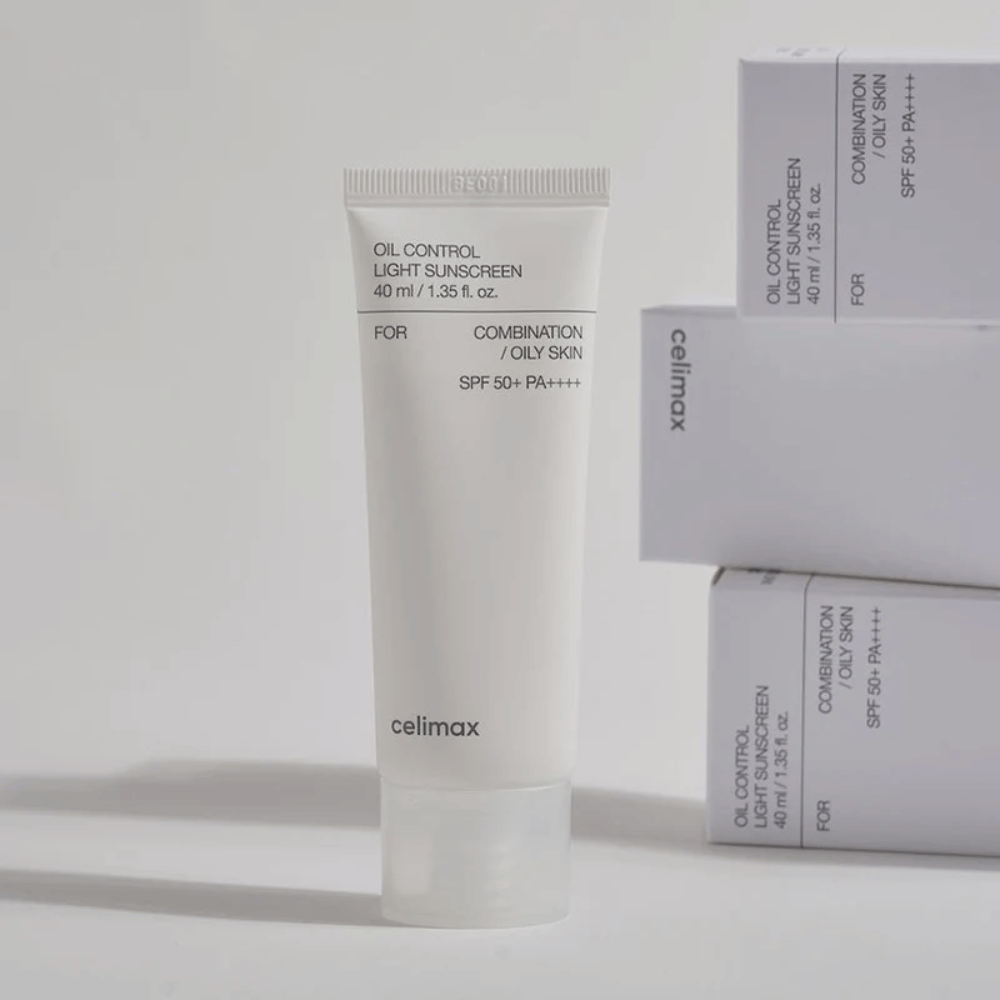 Celimax Oil Control Light Sunscreen SPF 50+ PA++++ v tubi z minimalističnim dizajnom, zaščita pred soncem za mešano in mastno kožo, ki nadzoruje sebum in daje mat videz