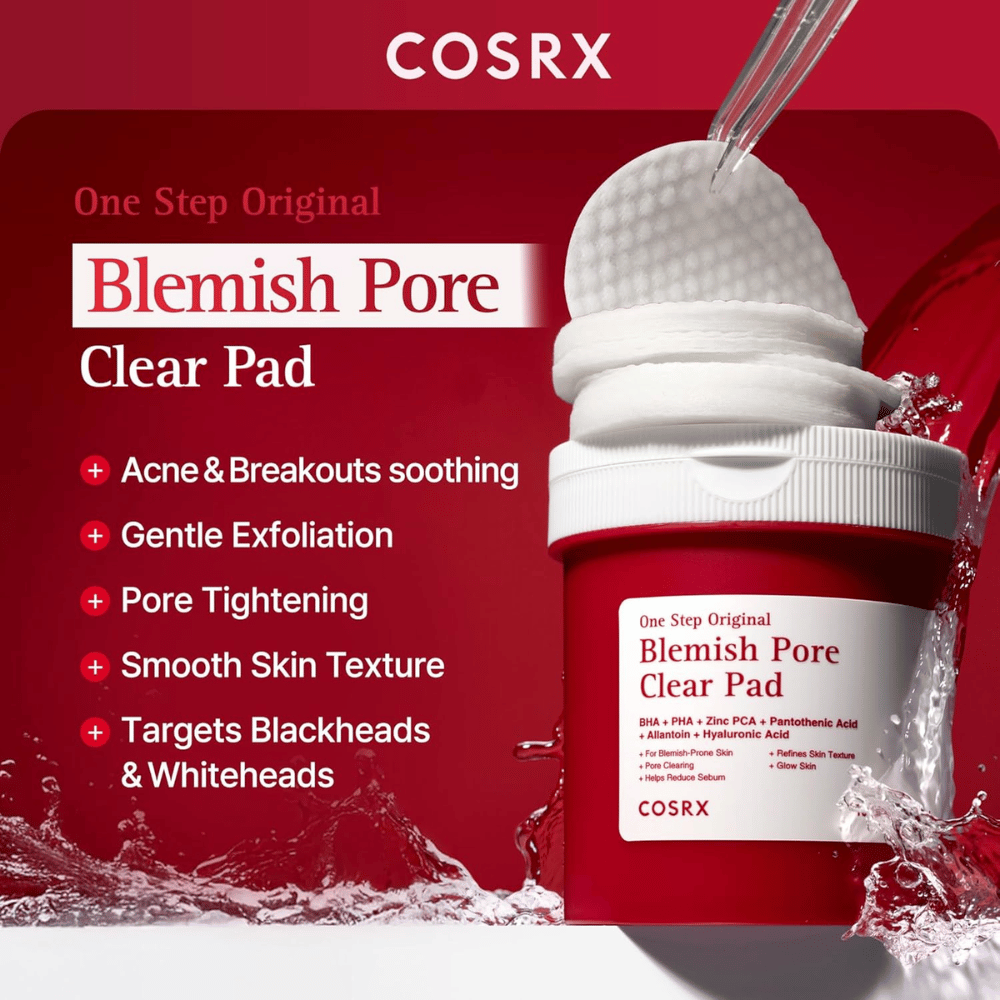 Slika izdelka COSRX One Step Original Blemish Pore Clear Pad s poudarkom na eksfoliaciji, zmanjševanju por in negi kože, nagnjene k aknam.