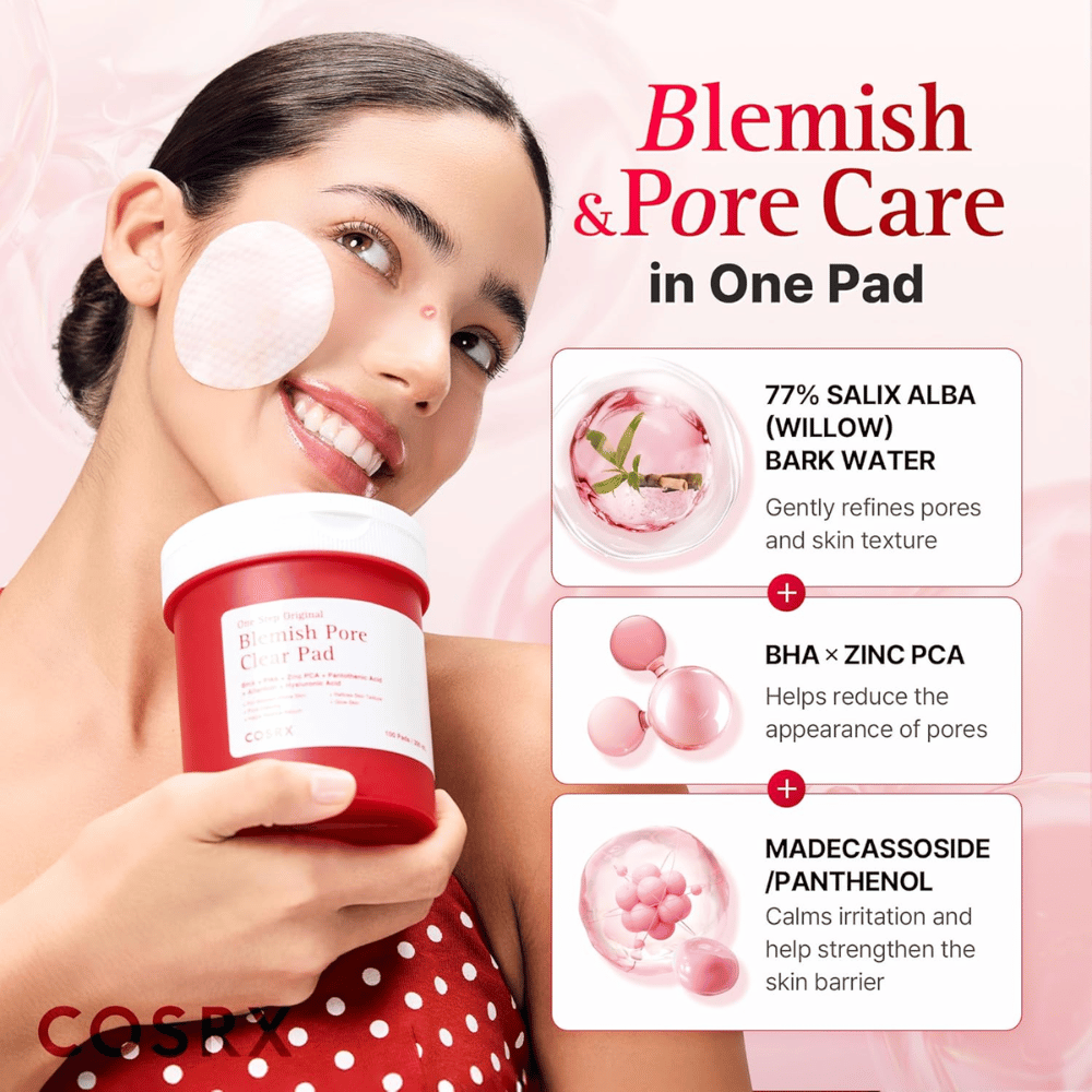 Slika izdelka z modelom in poudarkom na sestavinah za COSRX One Step Original Blemish Pore Clear Pad z willow bark water, BHA, Zinc PCA in Madecassoside.