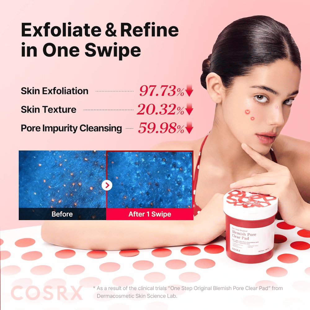 Promocijska slika za COSRX One Step Original Blemish Pore Clear Pad, ki prikazuje eksfoliacijski učinek in čiščenje por po samo eni uporabi.
