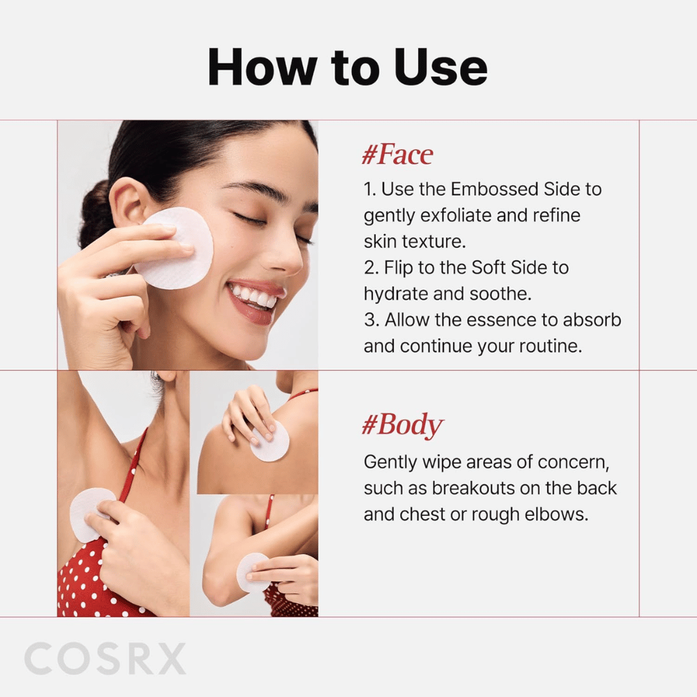Ilustracija z navodili, ki prikazuje, kako se COSRX One Step Original Blemish Pore Clear Pad uporablja na obrazu in telesu za eksfoliacijo in nego.