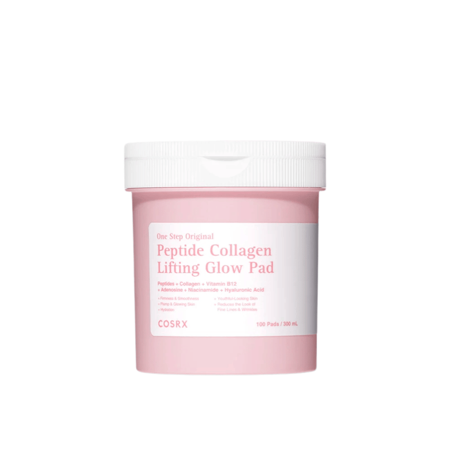 Izrezana produktna slika izdelka COSRX One Step Original Peptide Collagen Lifting Glow Pad v rožnati embalaži na svetlem ozadju.