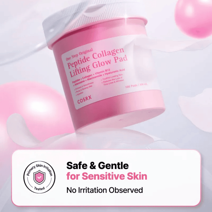 Produktna slika izdelka COSRX One Step Original Peptide Collagen Lifting Glow Pad s sporočilom o nežni formuli za občutljivo kožo in preizkušeno nizko stopnjo draženja.