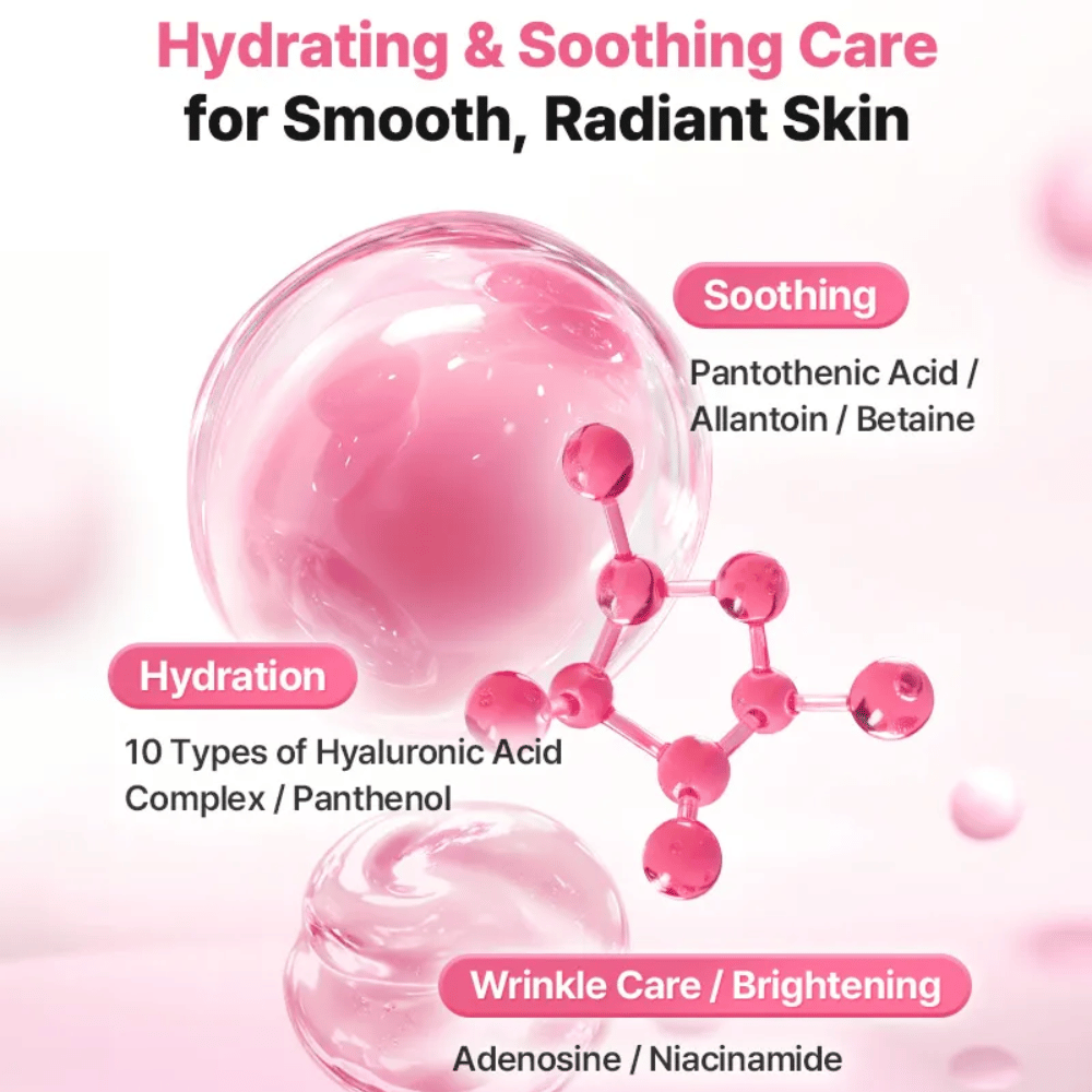 Ilustrativna slika sestavin za COSRX Peptide Collagen Lifting Glow Pad s poudarkom na vlaženju, pomirjujočem učinku ter sestavinah za sijaj, kot so hialuronska kislina, niacinamid in pantenol.