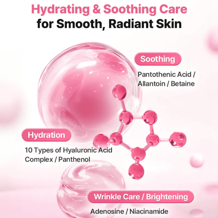 Ilustrativna slika sestavin za COSRX Peptide Collagen Lifting Glow Pad s poudarkom na vlaženju, pomirjujočem učinku ter sestavinah za sijaj, kot so hialuronska kislina, niacinamid in pantenol.