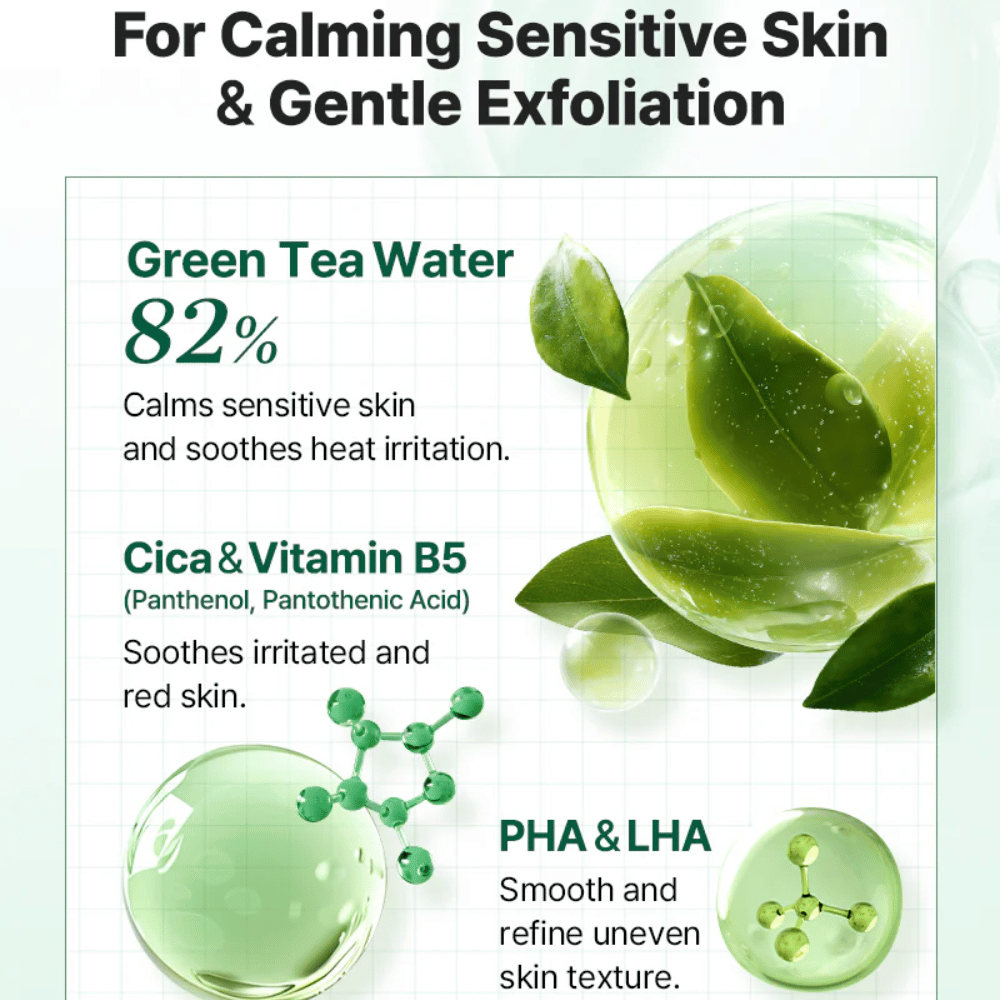 Informativna slika za COSRX One Step Original Clear Skin Calming Pad z vodo zelenega čaja, Cico, vitaminom B5 ter nežnim pilingom s PHA in LHA.