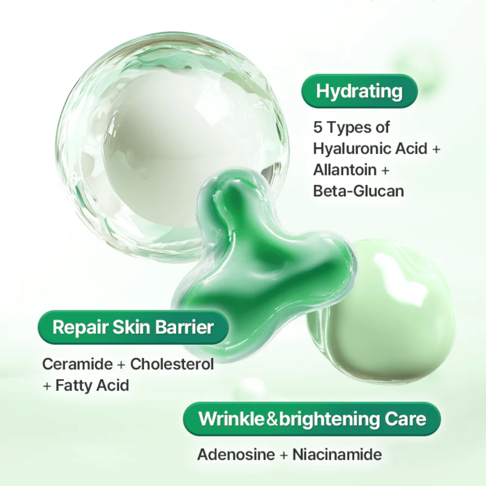 Ilustrativna slika, ki prikazuje sestavine in koristi za kožo v COSRX One Step Original Clear Skin Calming Pad, vključno s hialuronsko kislino, ceramidi in niacinamidom.