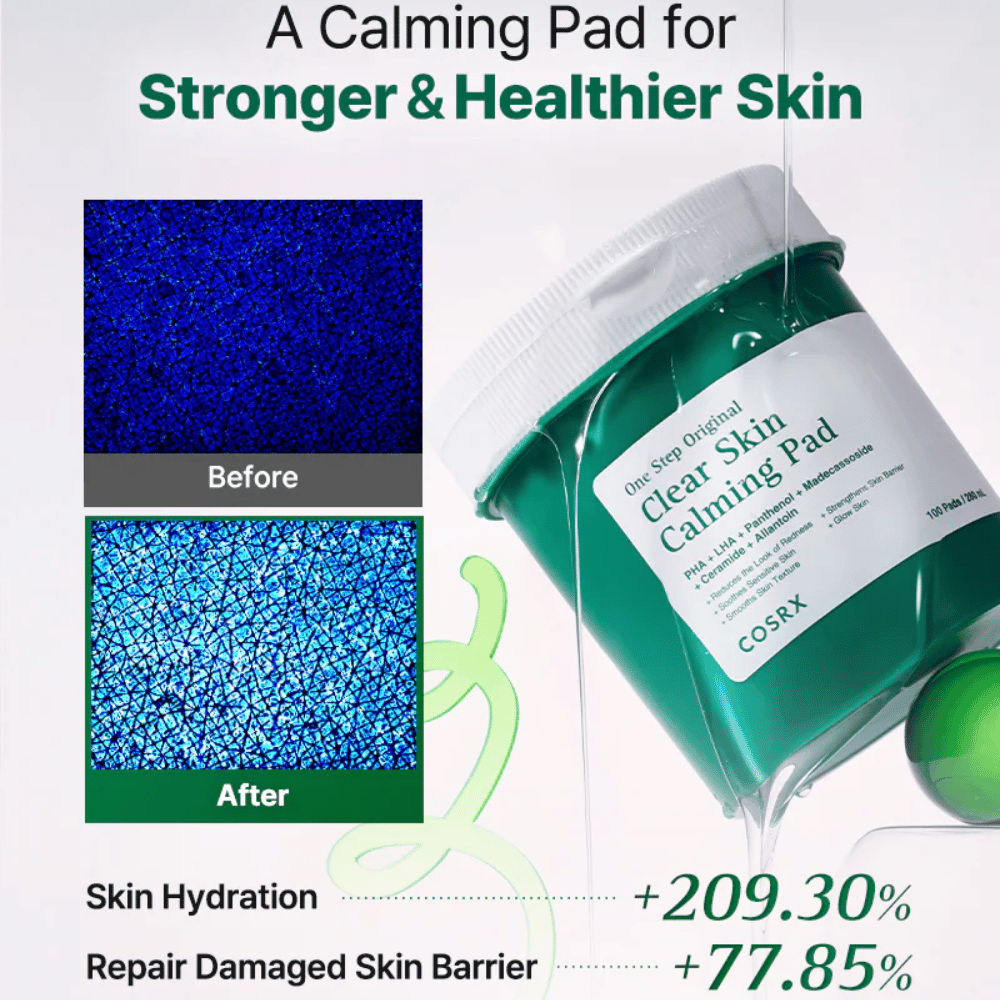 Promocijska slika za COSRX One Step Original Clear Skin Calming Pad, ki prikazuje izboljšano vlaženje in okrepljeno kožno bariero po uporabi.