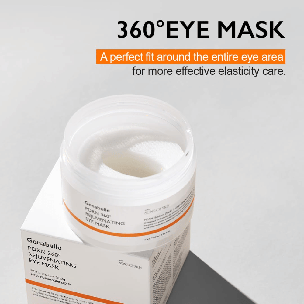 Genabelle PDRN 360° Rejuvenating Eye Mask s 360-stopinjskim prileganjem, ki pokriva celoten predel okoli oči za učinkovito nego in izboljšano elastičnost.