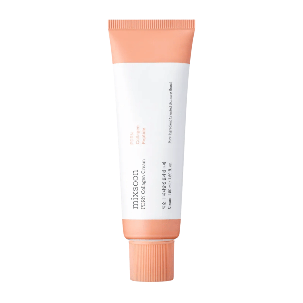 Mixsoon PDRN Collagen Cream v beli in breskovi tubi, 50 ml. Vlažilna in kolagenska krema za gladko in mladostno kožo.