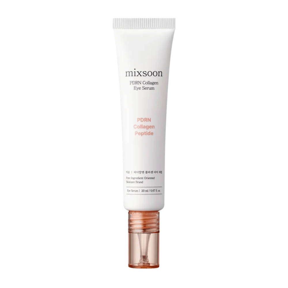 Mixsoon PDRN Collagen Eye Serum v beli in breskovi tubi s prozornim aplikatorjem. Vlažilni in učvrstitveni serum za oči, 20 ml.