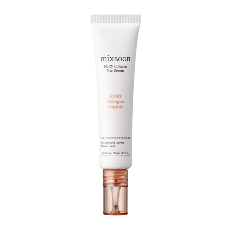 Mixsoon PDRN Collagen Eye Serum v beli in breskovi tubi s prozornim aplikatorjem. Vlažilni in učvrstitveni serum za oči, 20 ml.