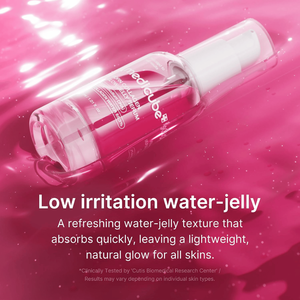 Medicube PDRN Collagen Glow Jelly Serum z lahko vodno-gelasto teksturo, ki se hitro vpije in daje sijaj