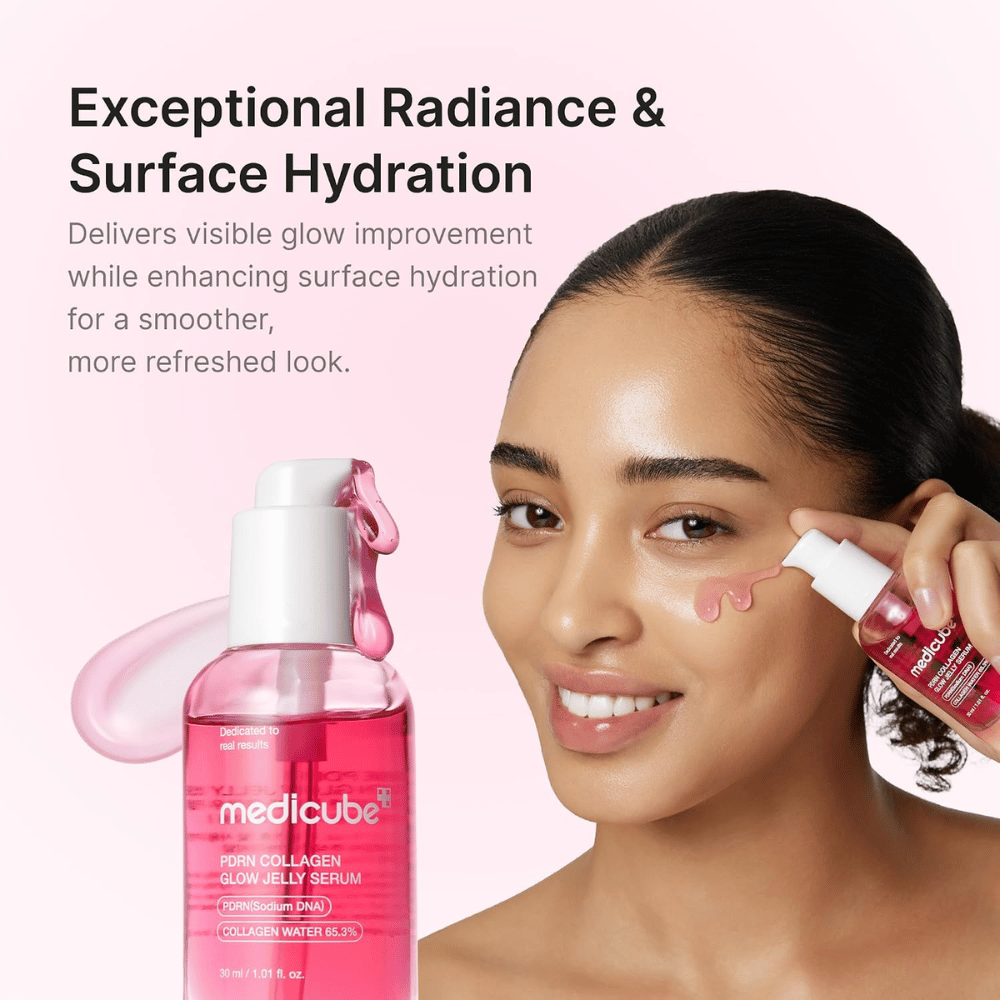 Medicube PDRN Collagen Glow Jelly Serum ki koži zagotavlja intenzivno vlaženje in naraven sijaj