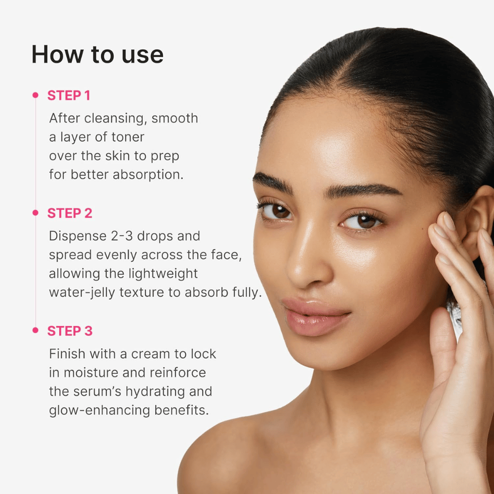 Medicube PDRN Collagen Glow Jelly Serum z vodnikom po korakih za nanos po čiščenju in tonik za obraz