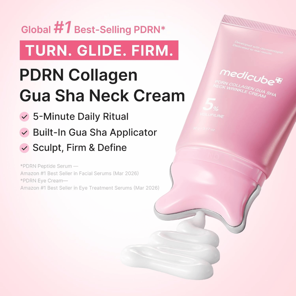 5. Medicube PDRN Collagen Gua Sha Neck Wrinkle Cream – rožnata krema za vrat z gua sha aplikatorjem in kremasto teksturo