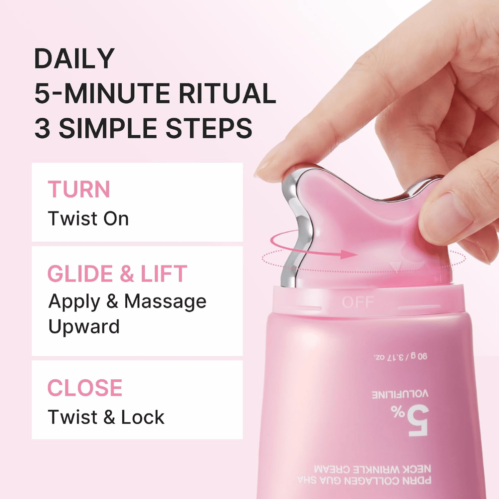 1. Medicube PDRN Collagen Gua Sha Neck Wrinkle Cream – nanos in masaža v treh preprostih korakih