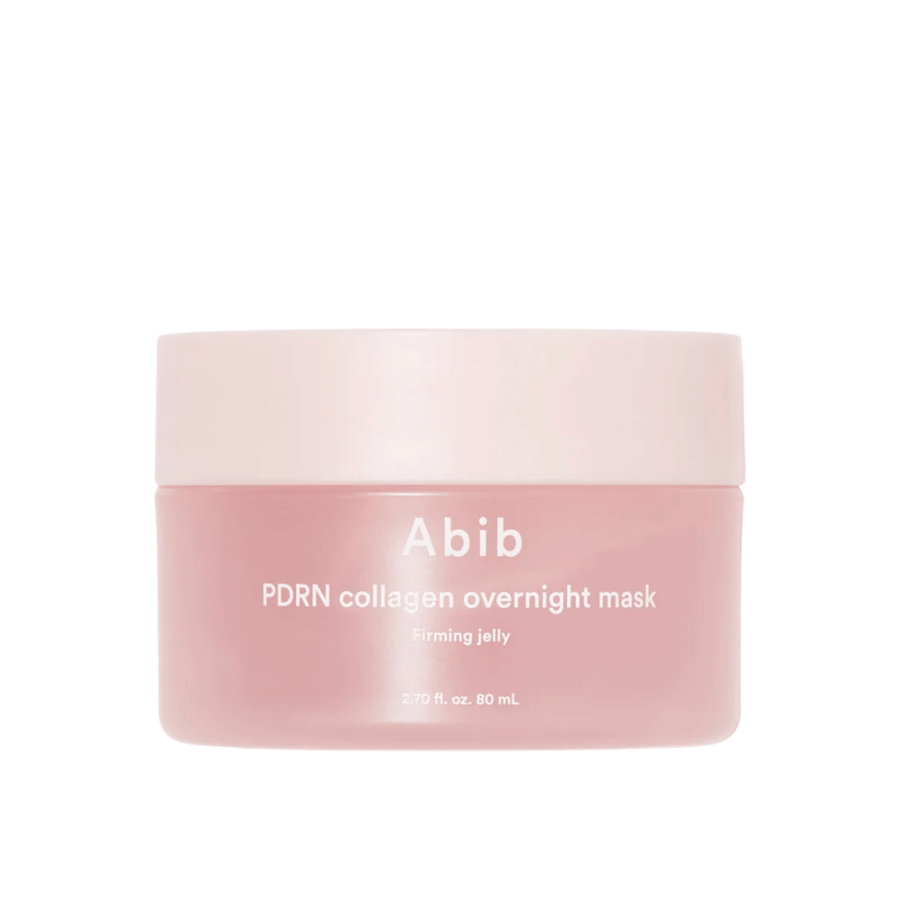 Minimalistična produktna slika izdelka Abib PDRN Collagen Overnight Mask v rožnatem lončku s poudarkom na dizajnu in imenu izdelka na svetlem ozadju.