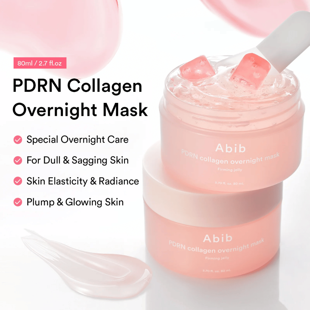 Produktna slika izdelka Abib PDRN Collagen Overnight Mask z rožnato gelasto teksturo in silikonsko spatulo, ki poudarja vlažilne lastnosti nočne maske ter učinek sijaja.