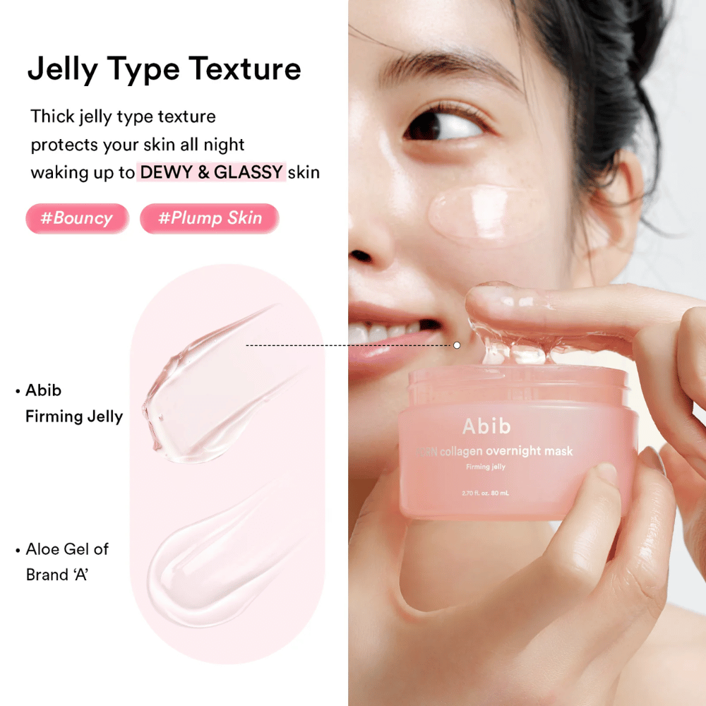 Bližnji posnetek želeju podobne konsistence izdelka Abib PDRN Collagen Overnight Mask, ki prikazuje bogato in sijočo teksturo, razvito za navlaženo in rosno kožo.