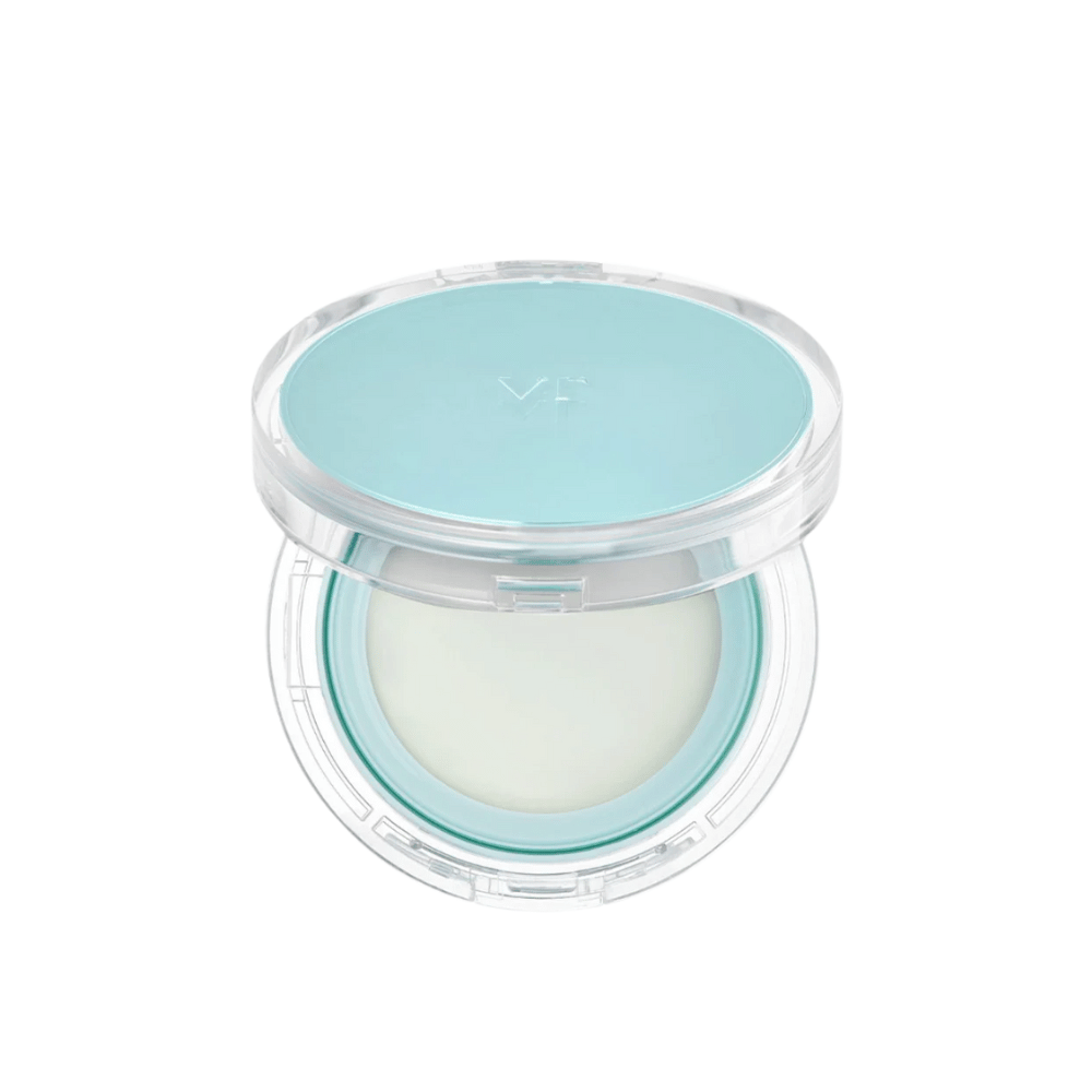 Odprta posoda z VT PDRN Essence Glow Sun Pact. Ima belo notranjo površino z modrim pokrovom, zasnovano za sijoč rezultat na koži.