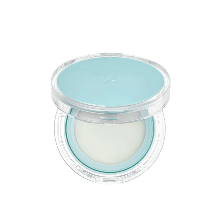 Odprta posoda z VT PDRN Essence Glow Sun Pact. Ima belo notranjo površino z modrim pokrovom, zasnovano za sijoč rezultat na koži.