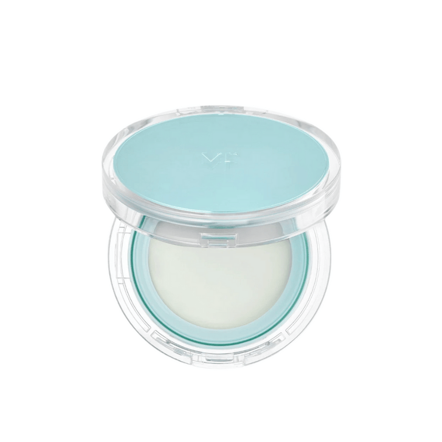 Odprta posoda z VT PDRN Essence Glow Sun Pact. Ima belo notranjo površino z modrim pokrovom, zasnovano za sijoč rezultat na koži.