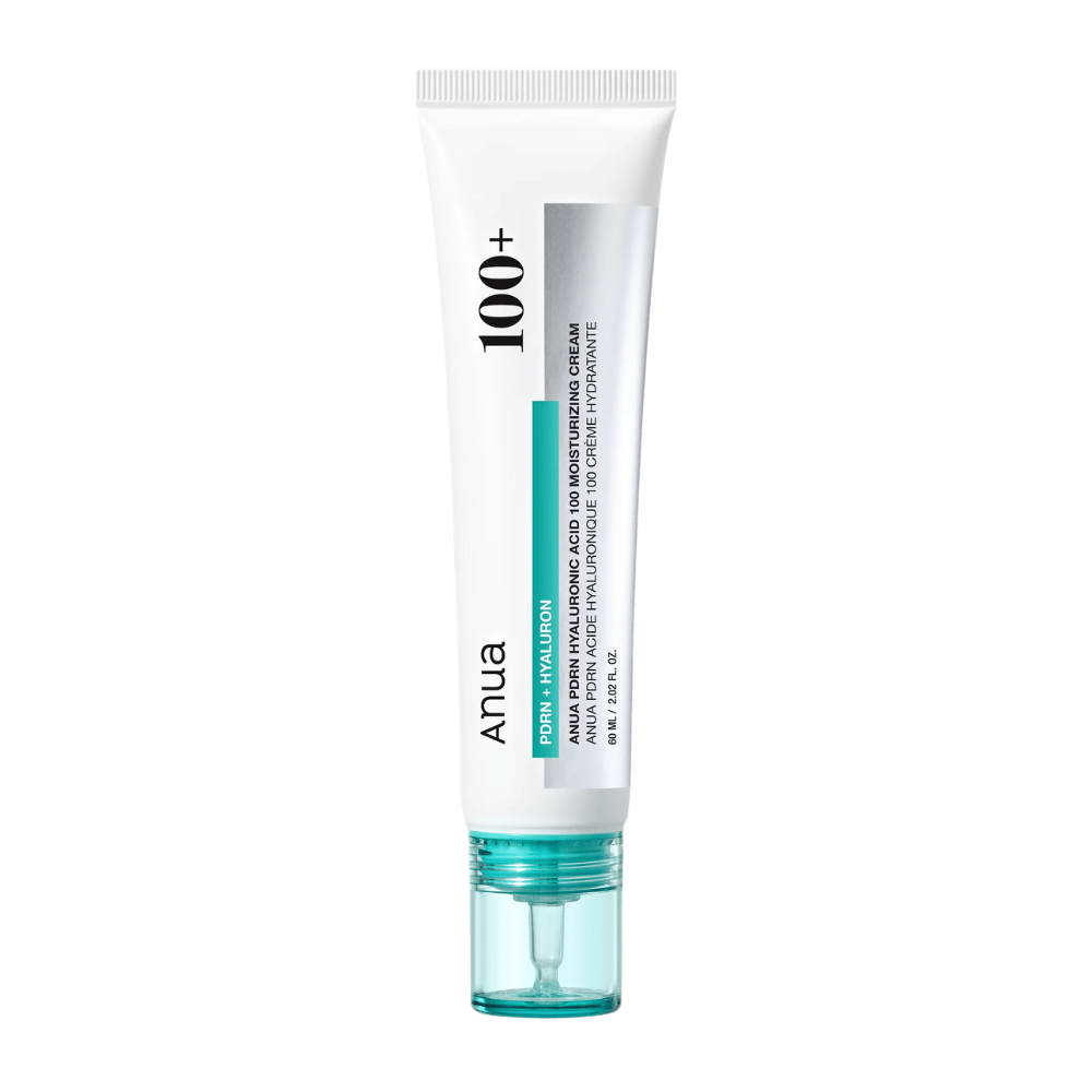Slika izdelka Anua PDRN Hyaluronic Acid 100 Moisturizing Cream v beli tubi s turkizno podrobnostjo – korejska krema za globinsko vlaženje.