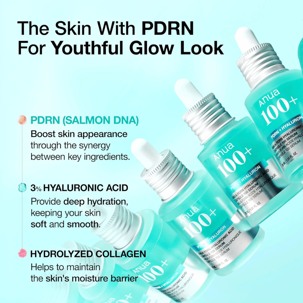 Anua PDRN Hyaluronic Acid Capsule 100 Serum je močan izdelek za nego kože, ki vsebuje PDRN (lososov DNK) za izboljšanje videza kože, 3 % hialuronske kisline za globoko vlaženje in hidroliziran kolagen za krepitev vlažne pregrade kože. Popolno za mladosten sijaj!
