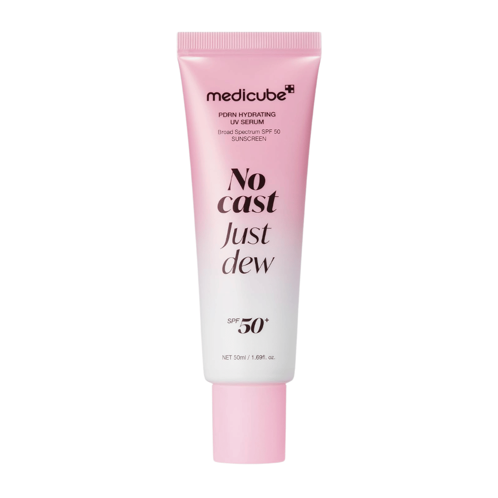 6. Medicube PDRN Hydrating UV Serum SPF 50+ 50 ml – rožnata in bela tuba z vlažilno zaščito pred soncem za obraz