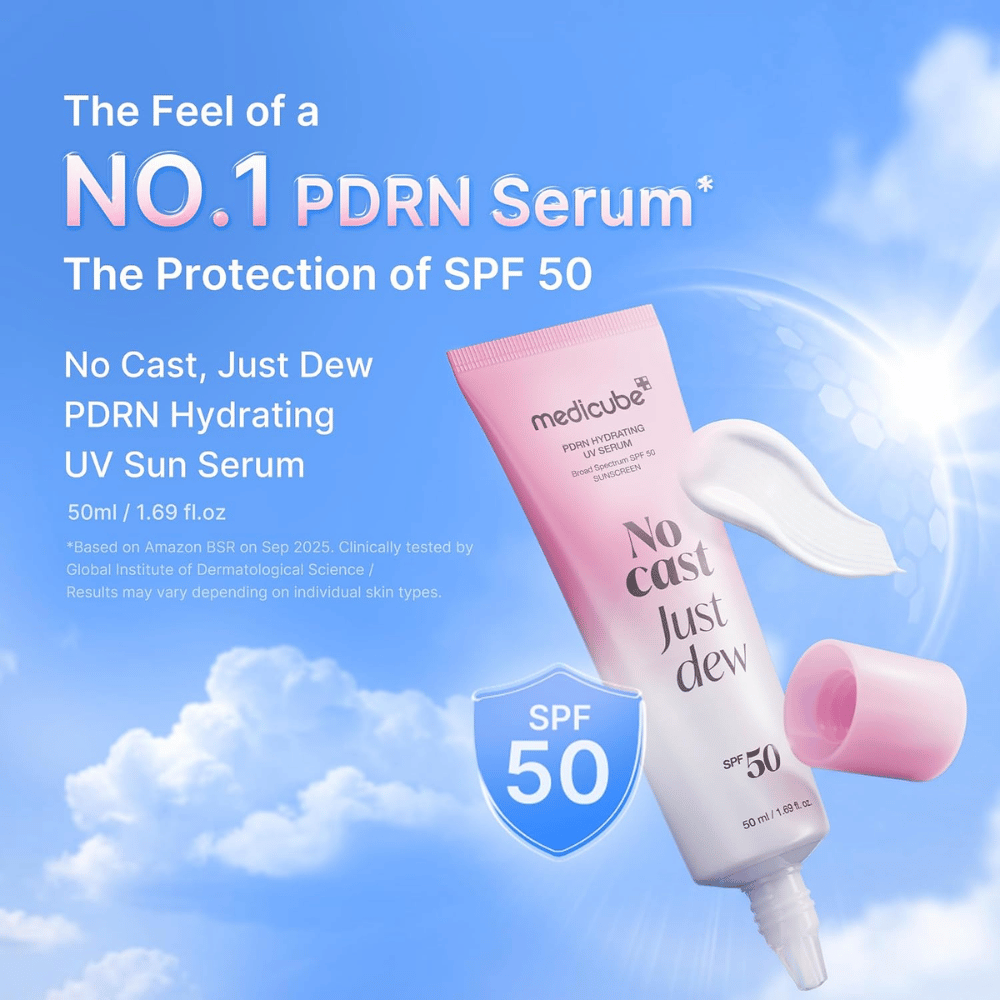 5. Medicube PDRN Hydrating UV Serum SPF 50+ 50 ml – lahek vlažilni serum za zaščito pred soncem z visoko UV-zaščito in sijočim zaključkom